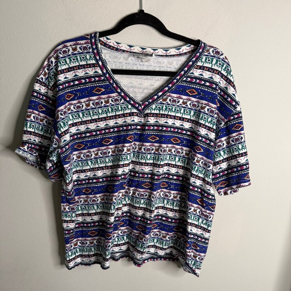 Star Cody Women's Blue‎ Red Vintage V Neck Stripped Printed Shirt Casual Design